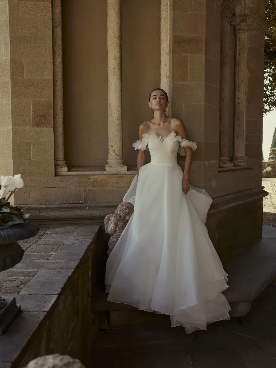 Dempsey by Modeca Bridal: A-Line silhouette, sweetheart neckline, organza, chapel train