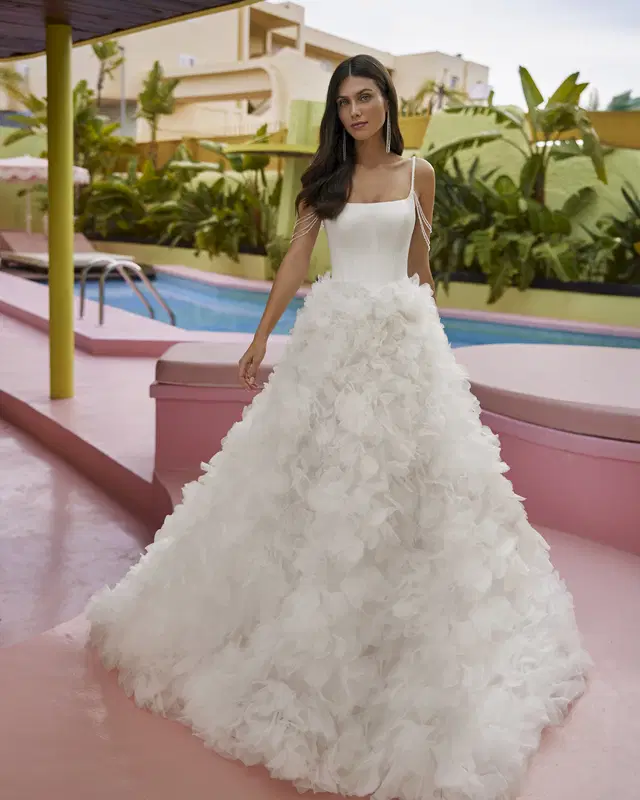 Jolina by Luna Novias: Ball Gown silhouette, square neckline, sleeveless, satin