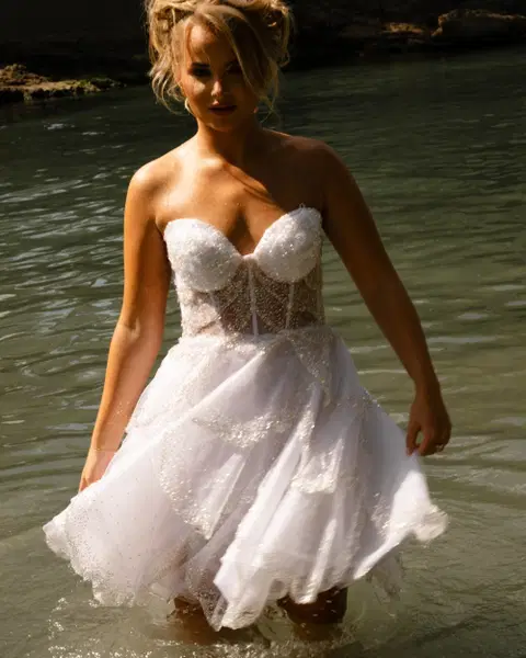 Aphrodite wedding dress by Aurelle Attire, short, tulle