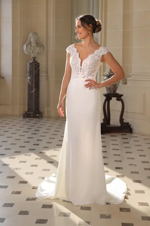 Aiko wedding dress by Azuree Bridal, fit & flare, crepe