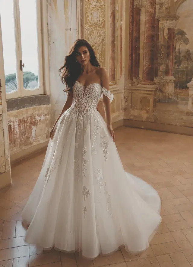 Dalia by Pen·Liv: A-Line silhouette, sweetheart neckline, mikado, chapel train