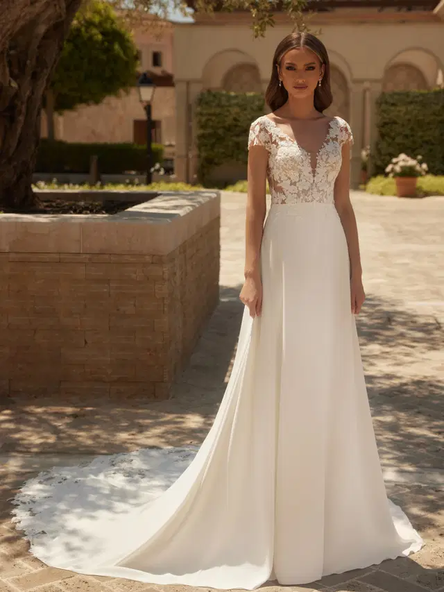 TURQUOISE by Bianco Evento: A-Line silhouette, deep V-neck neckline, cap sleeves, tulle