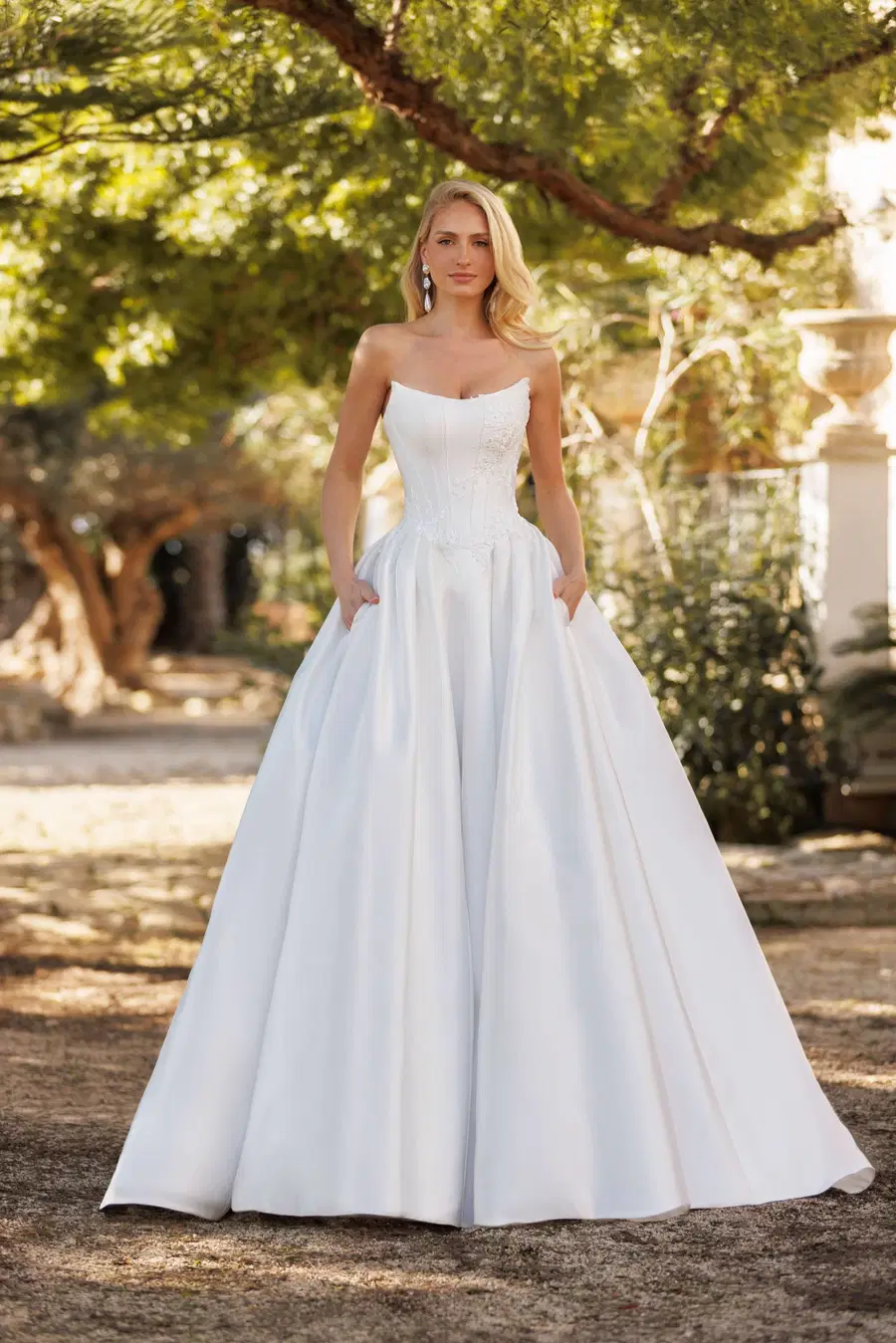Linzie by Jarice: A-Line silhouette, straight neckline, mikado