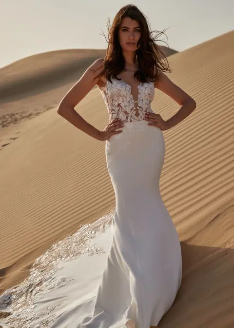 Honeysuckle wedding dress by Dando London, fit & flare, crepe