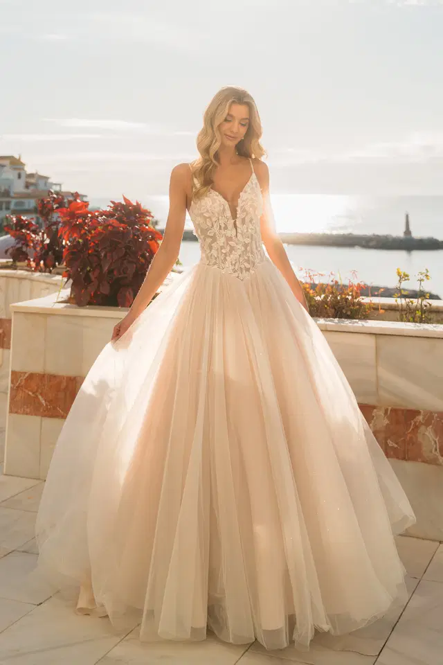 31022 by Diane Legrand: A-Line silhouette, V-neck neckline, lace