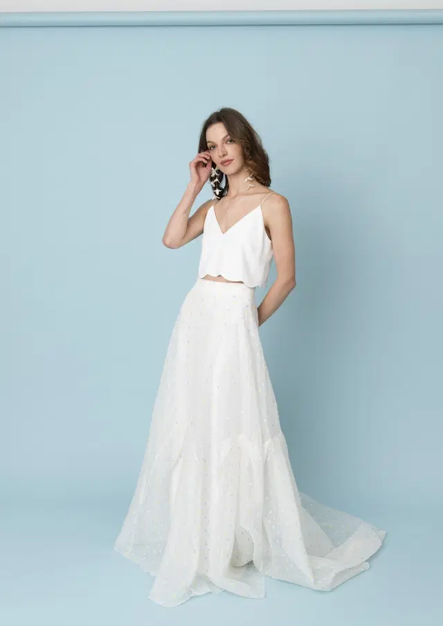 Beth Getti Top + Zola Candy Colored Skirt by Kisui: Two-Piece silhouette, V-neck neckline, sleeveless, tulle