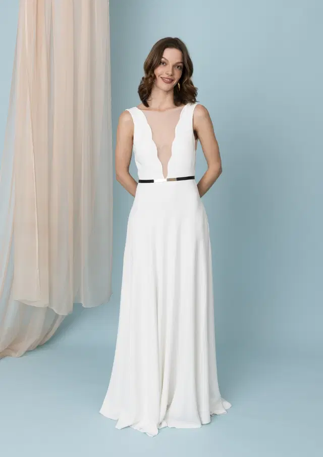 Beth Dress by Kisui: Straight silhouette, deep V-neck neckline, sleeveless, crepe