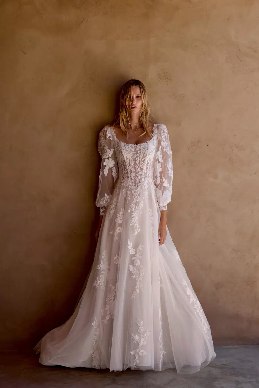 66455 by Lillian West: A-Line silhouette, square neckline, long sleeves, tulle