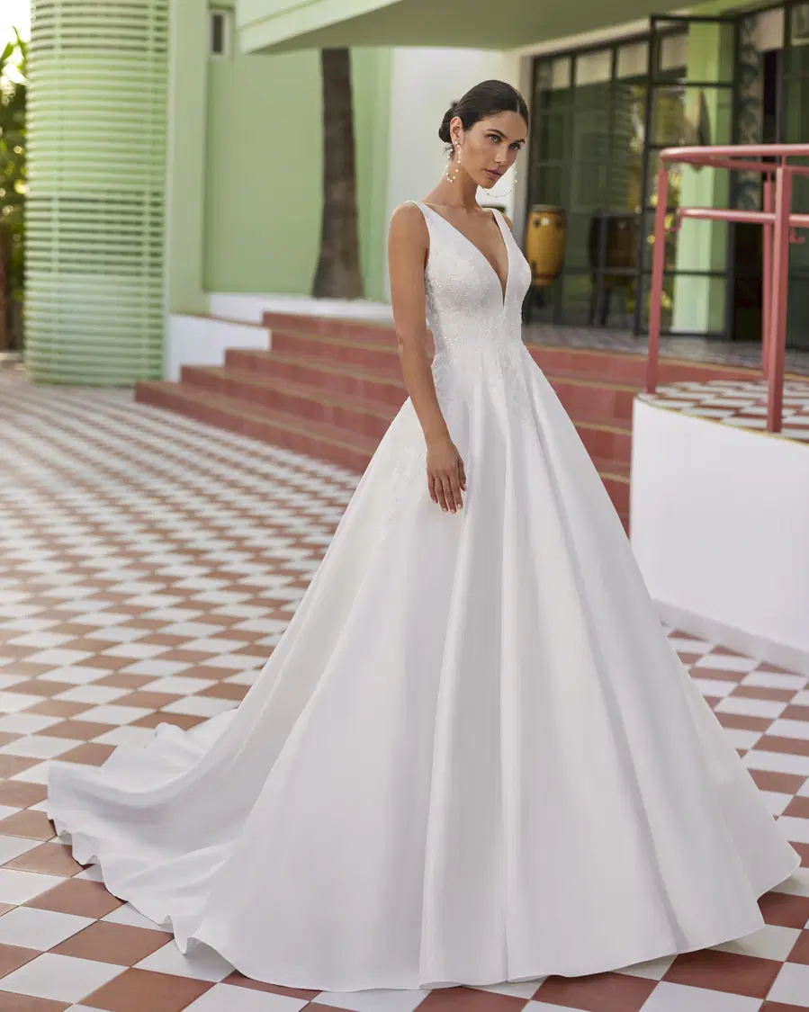 Juno by Luna Novias: A-Line silhouette, V-neck neckline, sleeveless, mikado