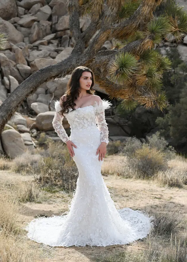 HERMOSA by Dando London: Mermaid silhouette, off-shoulder neckline, long sleeves, lace
