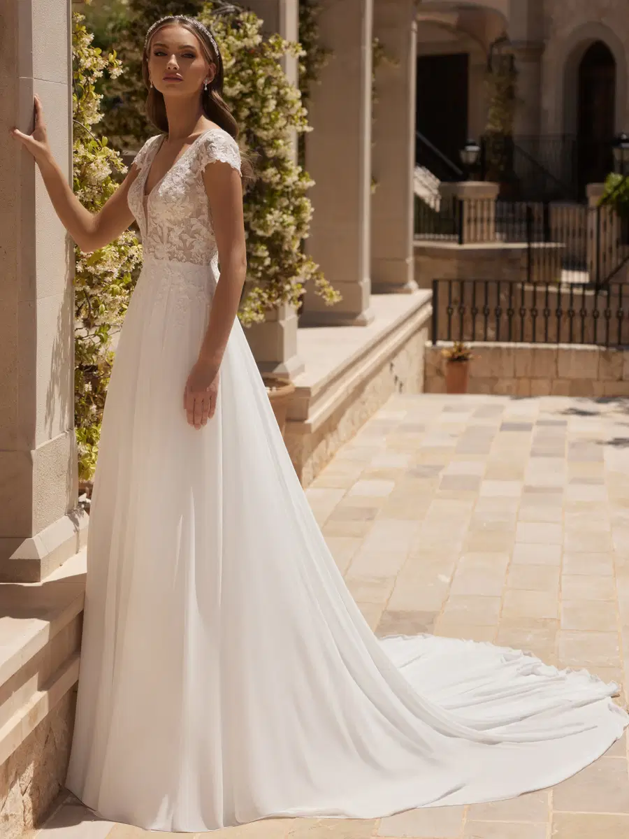 AGATE by Bianco Evento: A-Line silhouette, V-neck neckline, cap sleeves, chiffon