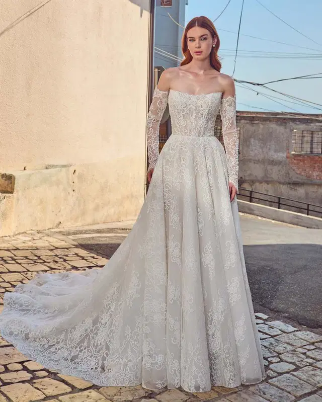 LA25101 Aretha by Calla Blanche: A-Line silhouette, off-shoulder neckline, long sleeves, lace