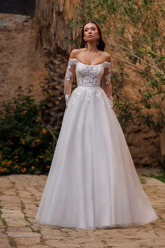 Hillary by Jarice: A-Line silhouette, straight neckline, long sleeves, tulle