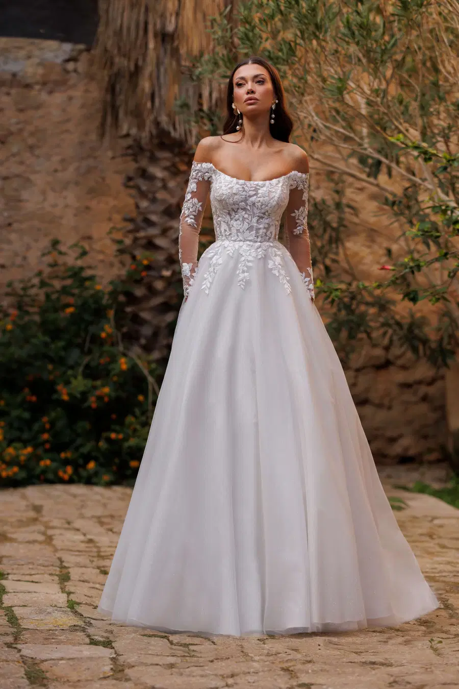 Hillary by Jarice: A-Line silhouette, straight neckline, long sleeves, tulle