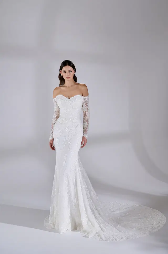 Elba by Avenue by Josephine Scott: Mermaid silhouette, sweetheart neckline, long sleeves, lace