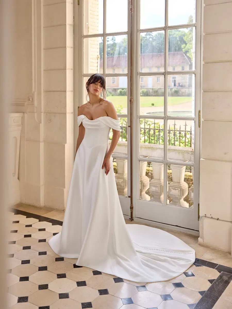 Cezanne by Adore: A-Line silhouette, off-shoulder neckline, sleeveless, satin