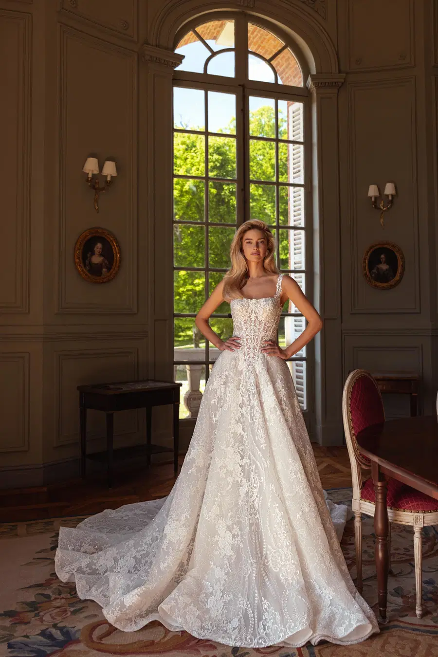 Alexandra by Maks Mariano: A-Line silhouette, straight neckline, sleeveless, lace