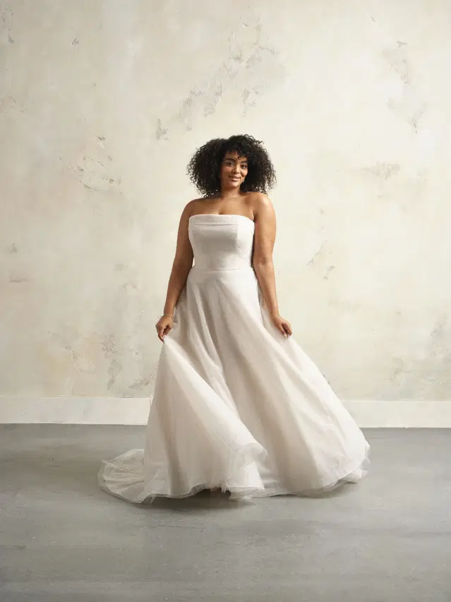 Elizabeth by Rebecca Ingram: A-Line silhouette, straight neckline, sleeveless, tulle