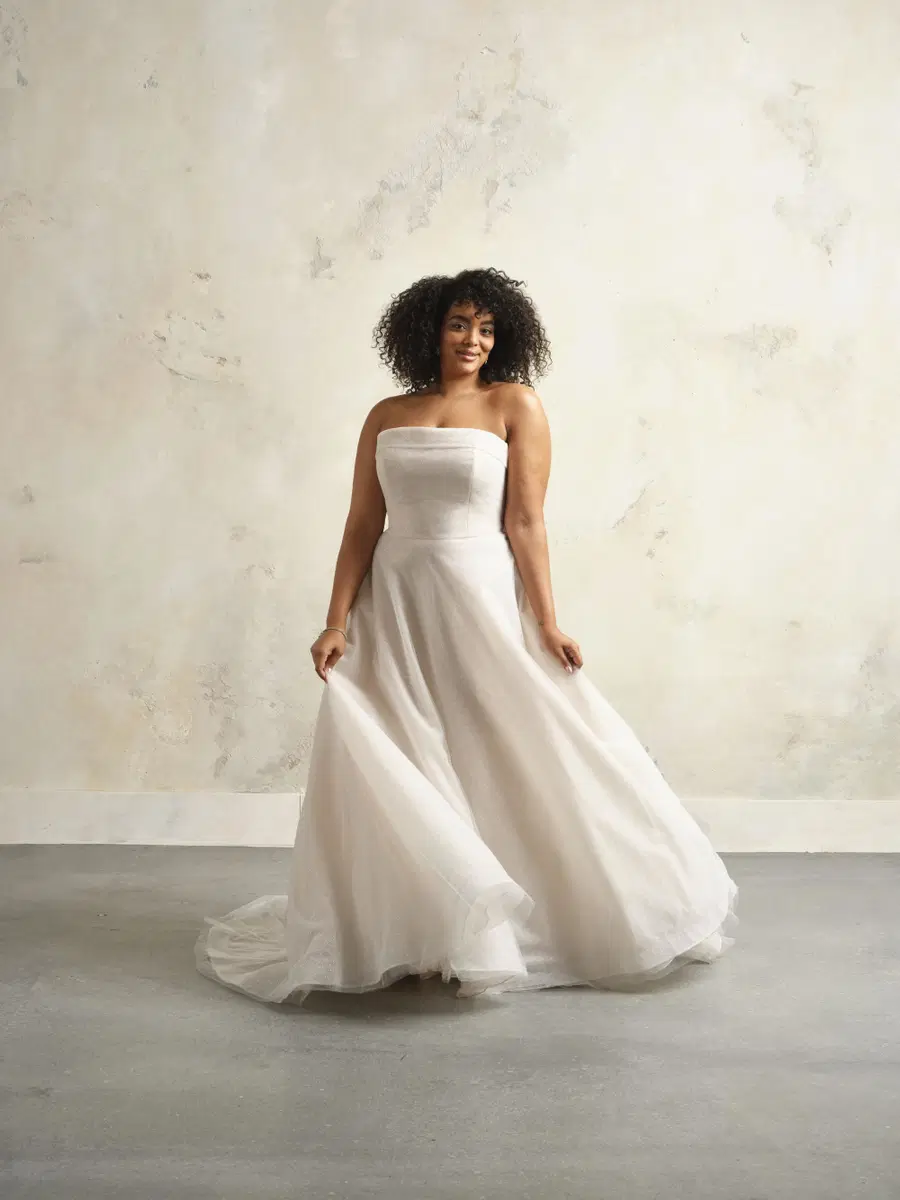 Elizabeth by Rebecca Ingram: A-Line silhouette, straight neckline, sleeveless, tulle