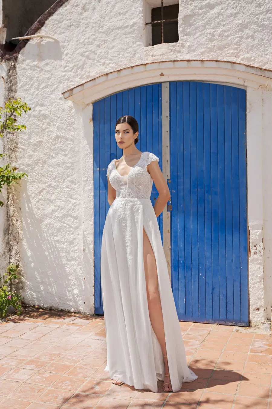 B2459 by AnnAngelex: A-Line silhouette, deep V-neck neckline, cap sleeves, lace