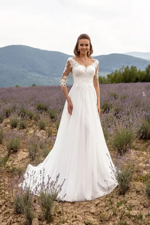 Style 1065 wedding dress by Angela Bianca, A-line, lace