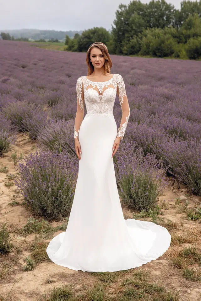 1061 by Angela Bianca: Fit & Flare silhouette, jewel neckline, long sleeves, crepe