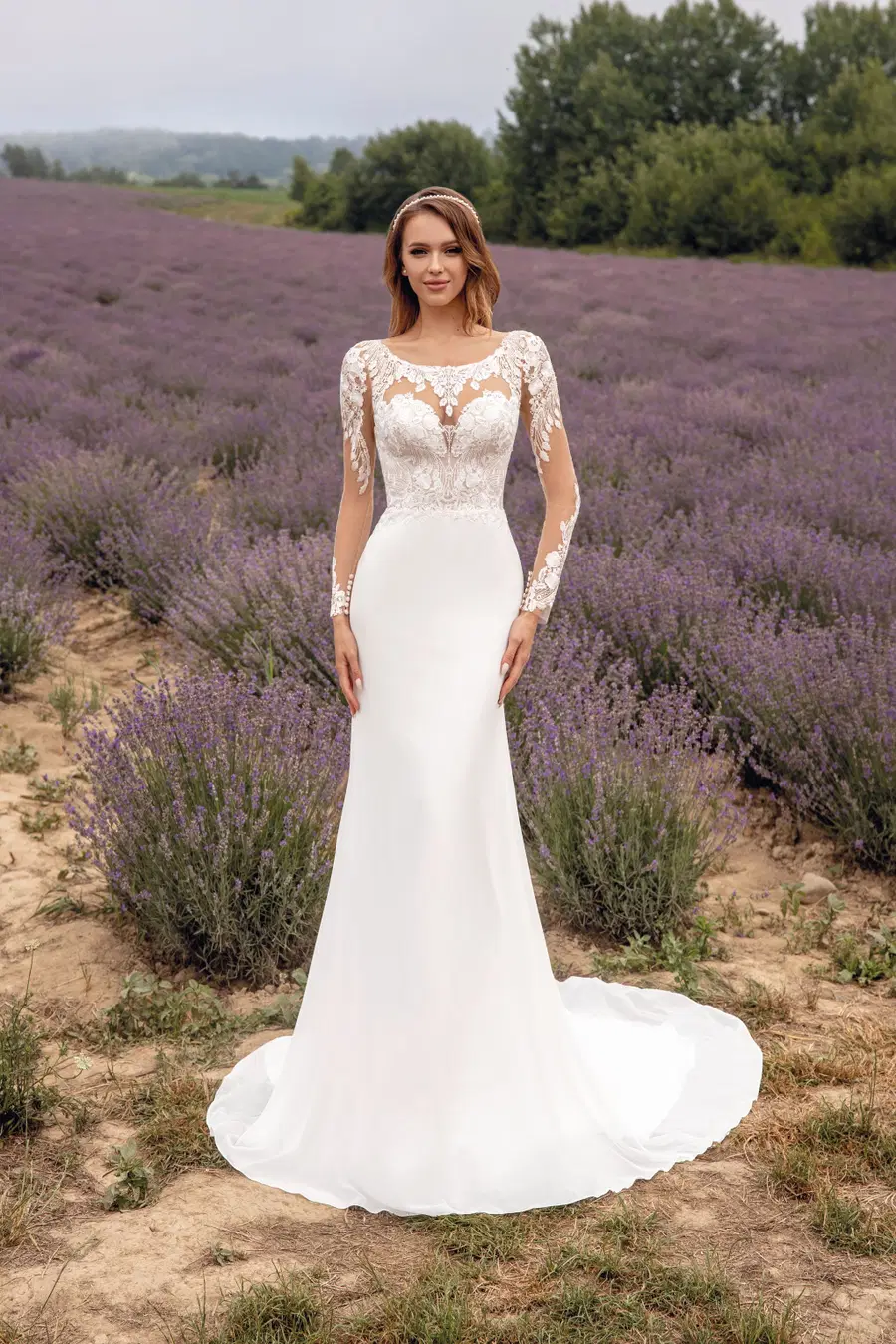 1061 by Angela Bianca: Fit & Flare silhouette, jewel neckline, long sleeves, crepe