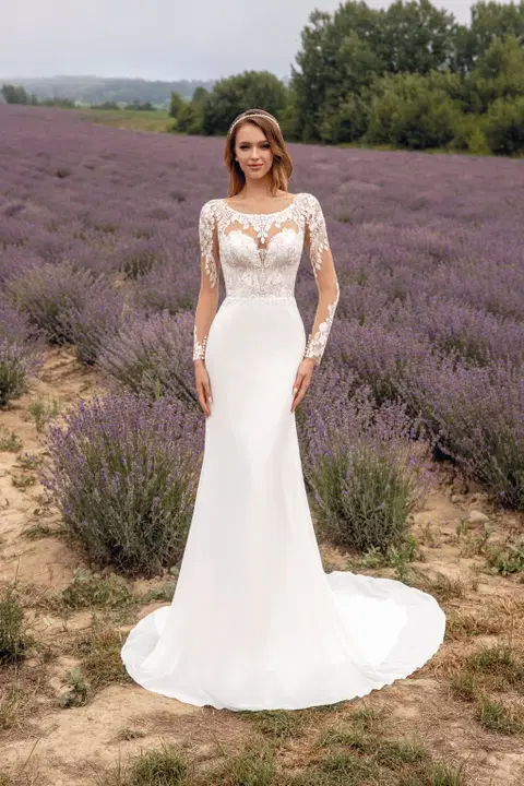 Style 1061 wedding dress by Angela Bianca, fit & flare, crepe
