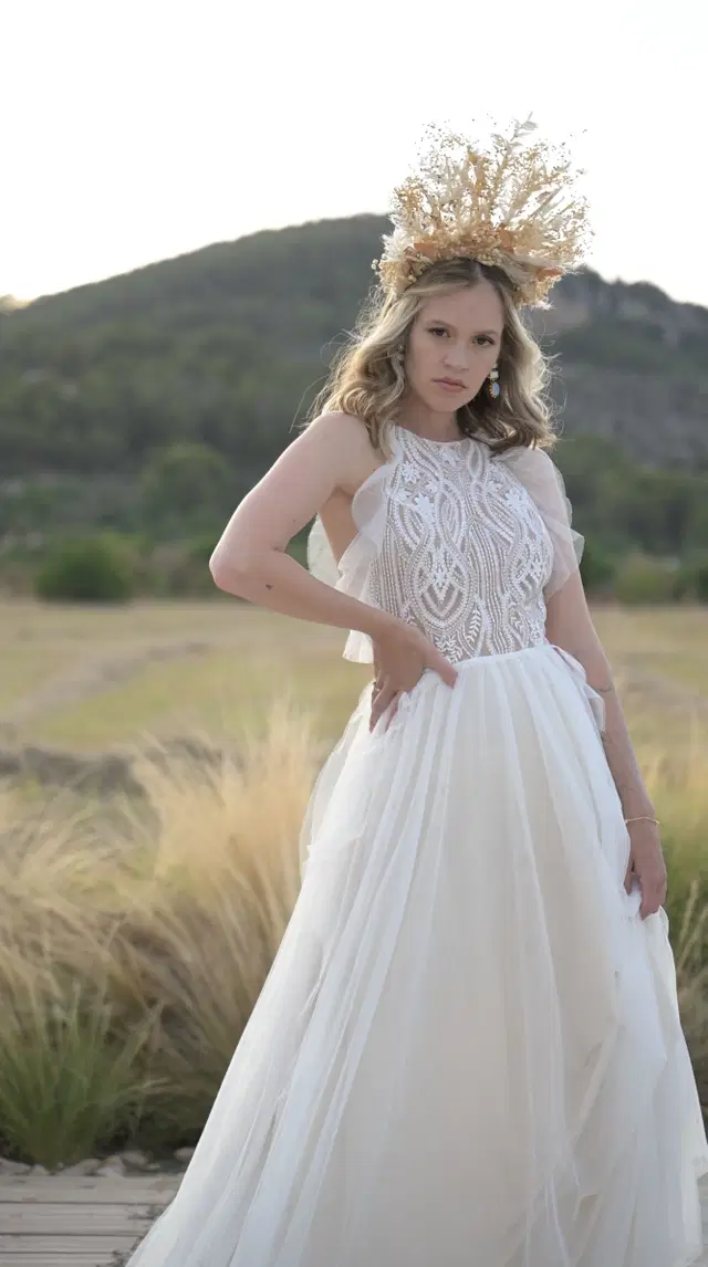 Dakira by Malee: A-Line silhouette, high / halter neckline, lace, cathedral train