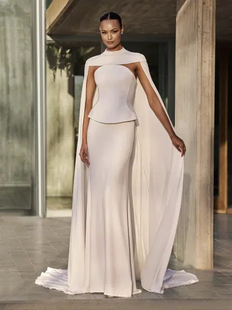 Lawn wedding dress by Pronovias, straight, satin