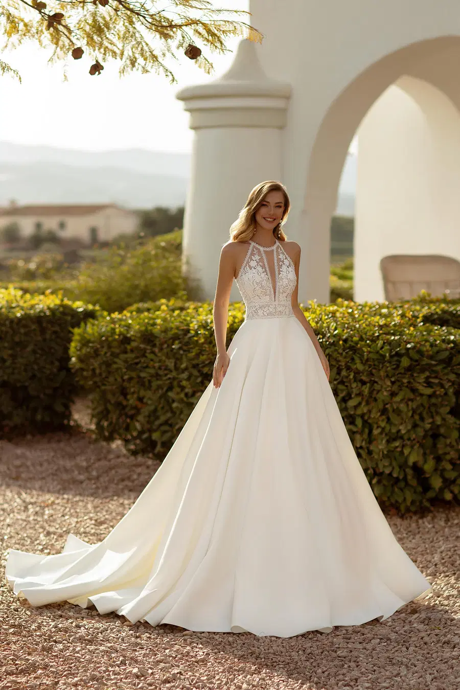 8025 mate satin skirt by Monica Loretti: Ball Gown silhouette, high / halter neckline, sleeveless, satin