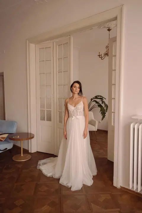 Style TO-2081T wedding dress by Agnes, A-line, lace