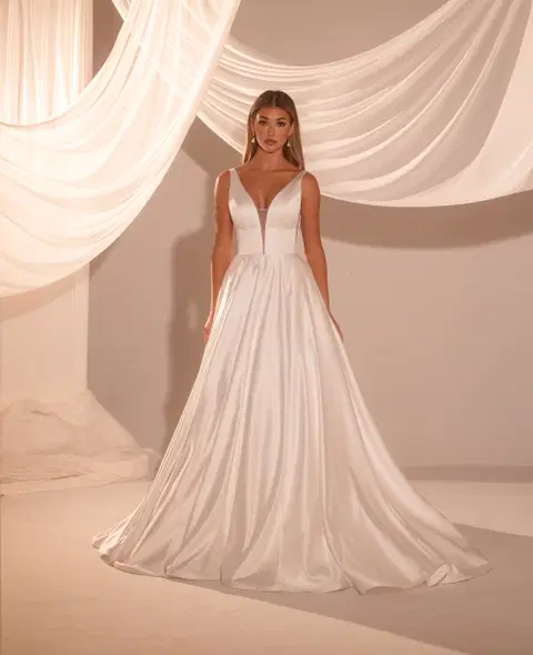 Style RB2222 wedding dress by Rachel Allan, A-line, satin