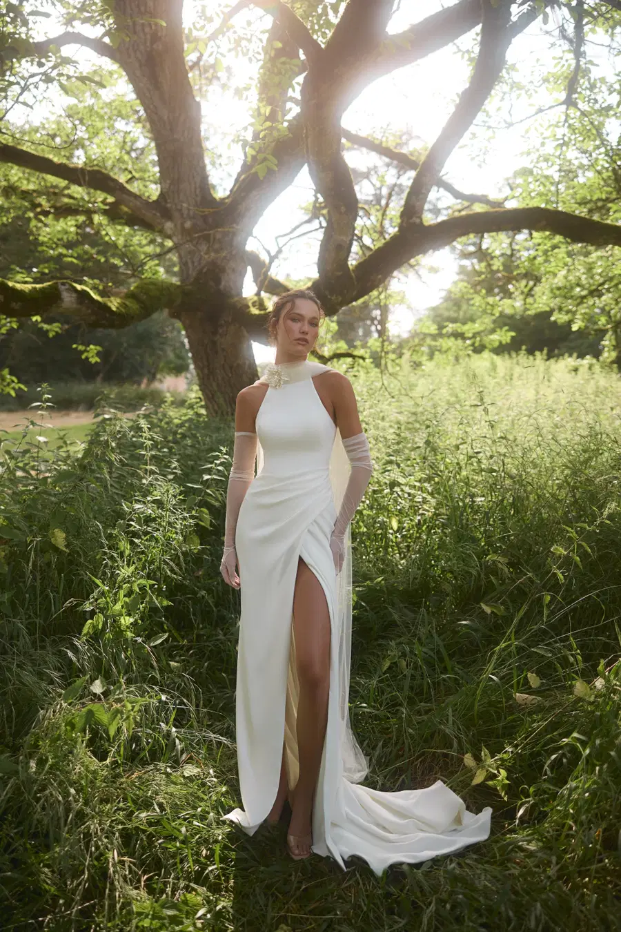 Aisling by Anne Mariée: Mermaid silhouette, high / halter neckline, separate sleeves, crepe