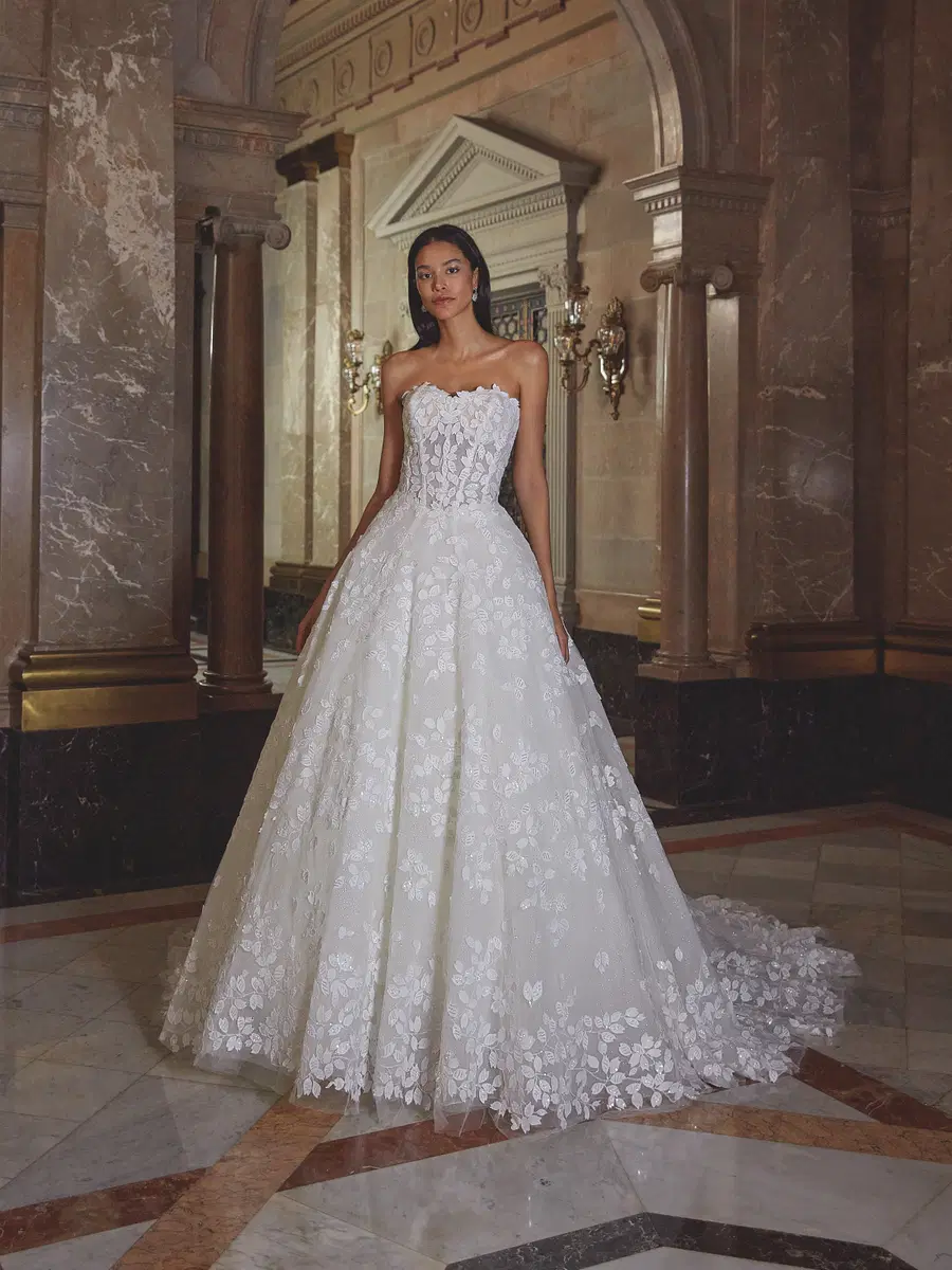 DP546 by Demetrios: Ball Gown silhouette, sweetheart neckline, separate sleeves, lace