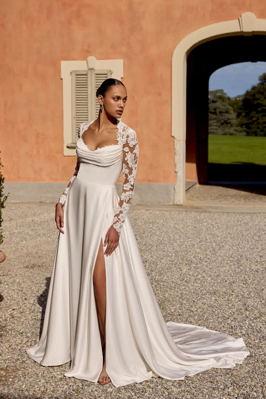 Katelyn by Justin Alexander: A-Line silhouette, queen anne neckline, long sleeves, lace