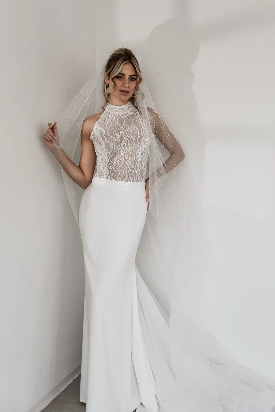 Avani by Fan Xia: Fit & Flare silhouette, high / halter neckline, embroidery