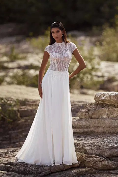 Style 27403 wedding dress by Très Chic, A-line, chiffon