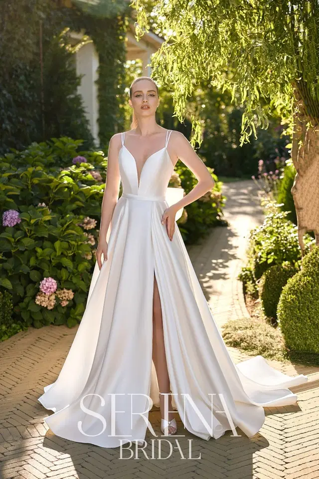 S5591 Zoya by Serena Bridal: Princess silhouette, deep V-neck neckline, mikado