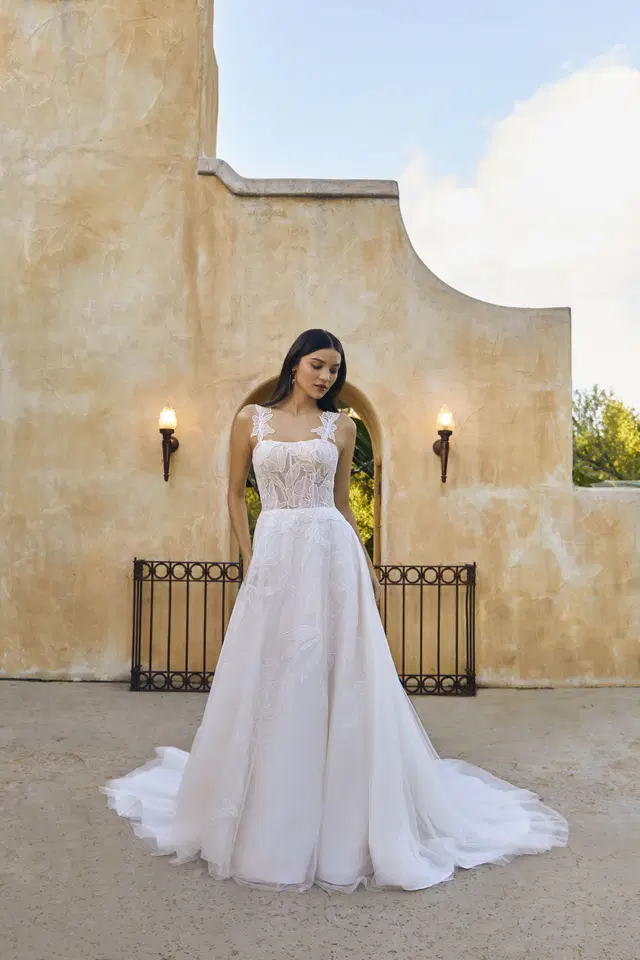 Cordelia by Beloved by Casablanca: A-Line silhouette, lace, cathedral train