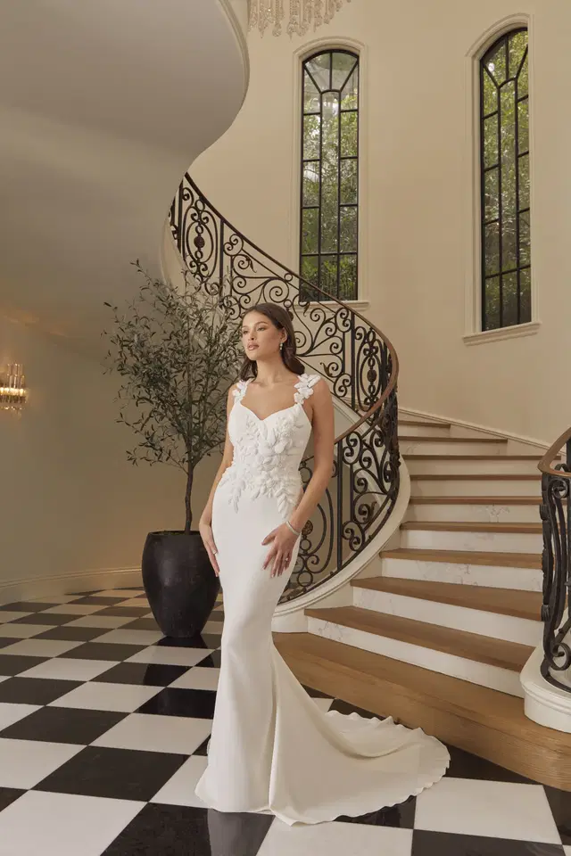 Tessa by Casablanca Bridal: Fit & Flare silhouette, V-neck neckline, short sleeves, stretch satin