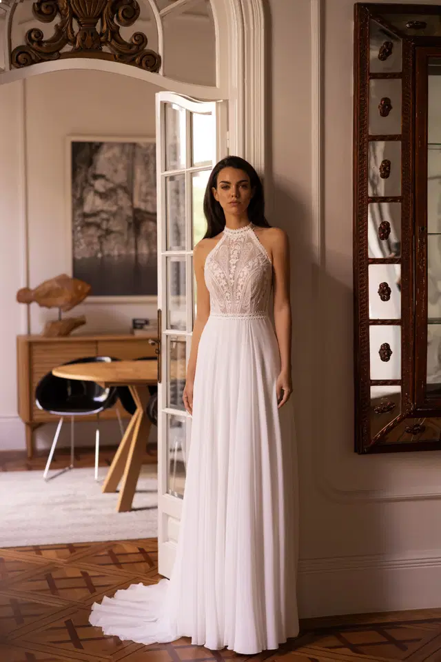 E-5425 by Elizabeth Passion: A-Line silhouette, high / halter neckline, long sleeves, lace