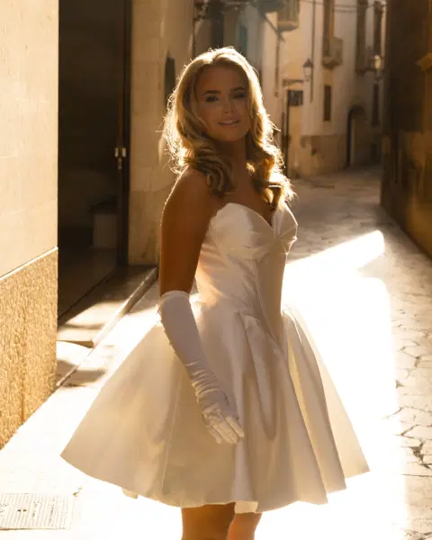 Josie wedding dress by Aurelle Attire, short, satin