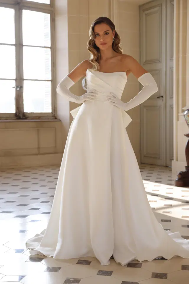 Adora by Azuree Bridal: A-Line silhouette, square neckline, separate sleeves, mikado