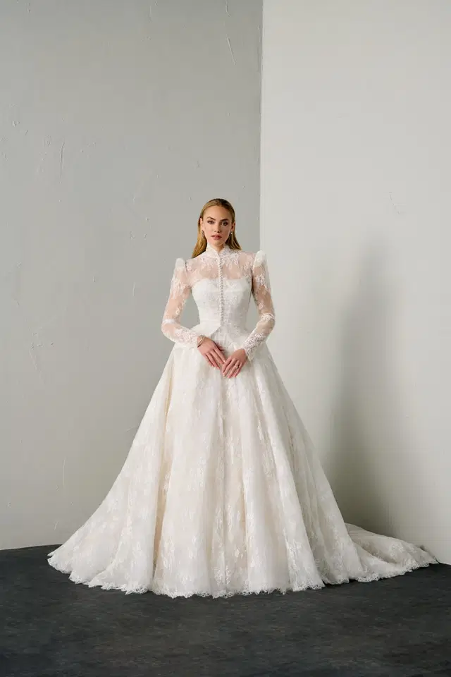 Eris by Justin Alexander Signature: Ball Gown silhouette, high / halter neckline, long sleeves, lace