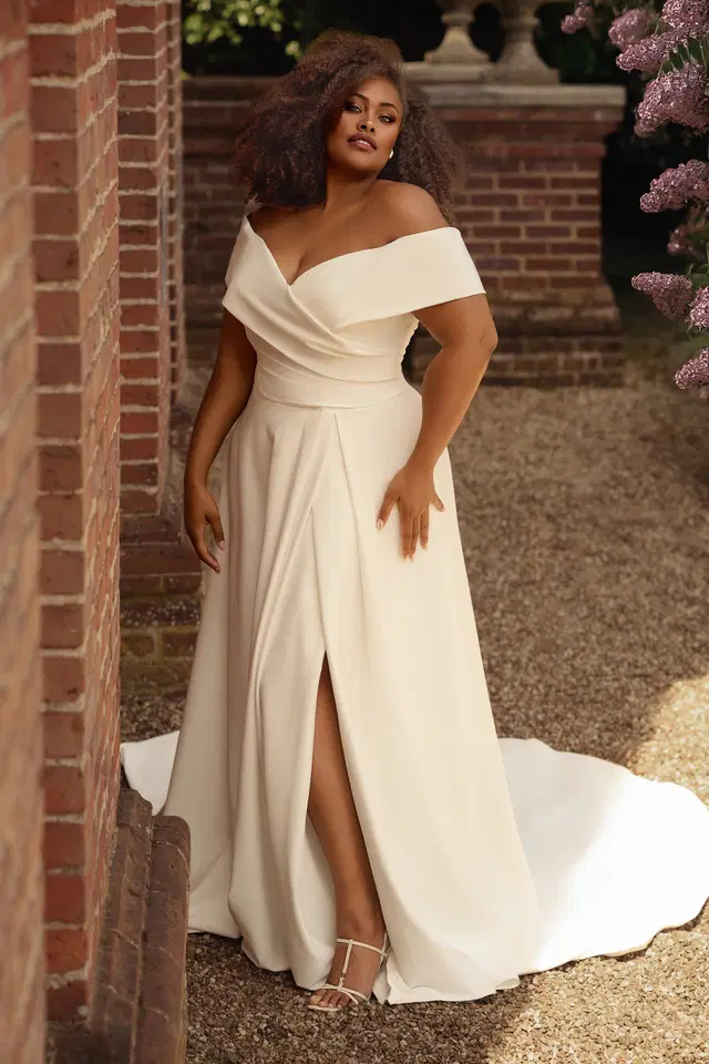 PH8275 by Envy by Phoenix: A-Line silhouette, V-neck neckline, crepe, chapel train