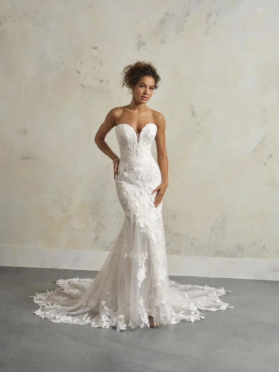Bridget by Maggie Sottero: Mermaid silhouette, V-neck neckline, sleeveless, lace