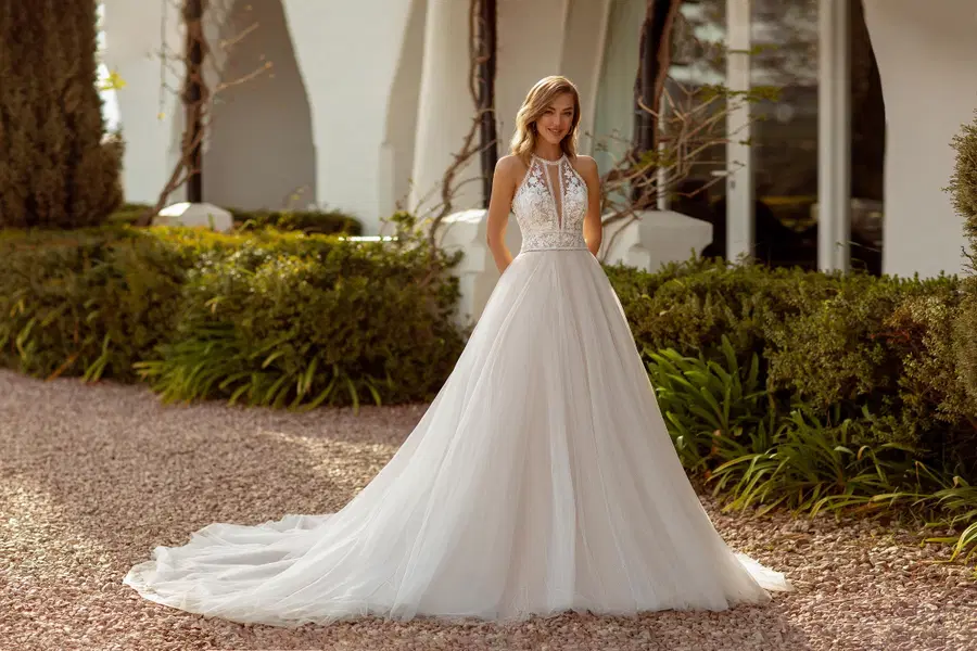 8009 princess glitter tulle skirt by Monica Loretti: Ball Gown silhouette, high / halter neckline, sleeveless, tulle