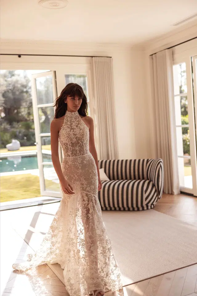 Avella by Tina Valerdi: Mermaid silhouette, high / halter neckline, sleeveless, lace