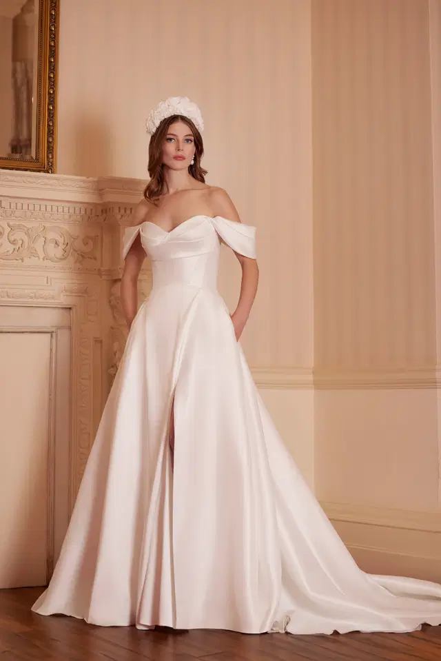 Beth by Josephine Scott: A-Line silhouette, straight neckline, short sleeves, mikado